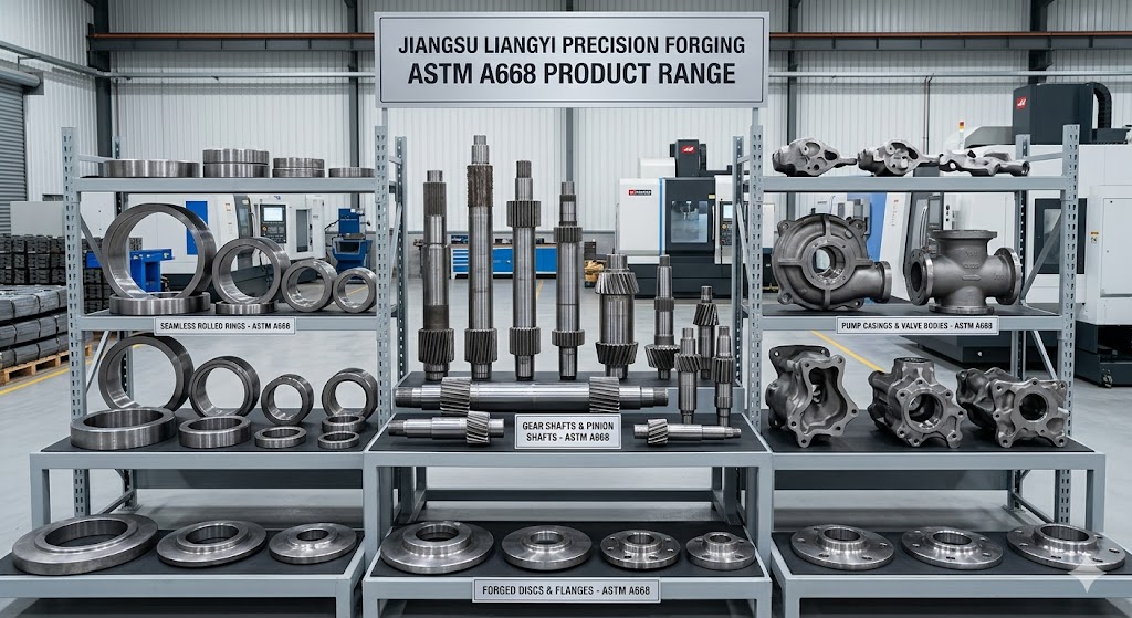 ASTM A668 forging product range: seamless rolled rings, gear shafts, pump casings, pinion shafts, and forged discs from Jiangsu Liangyi