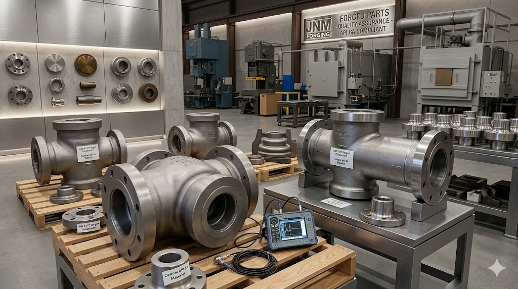 Custom AISI 4137 forged valve bodies and wellhead components for oil and gas, manufactured to API 6A material requirements, with UT and MPI inspection