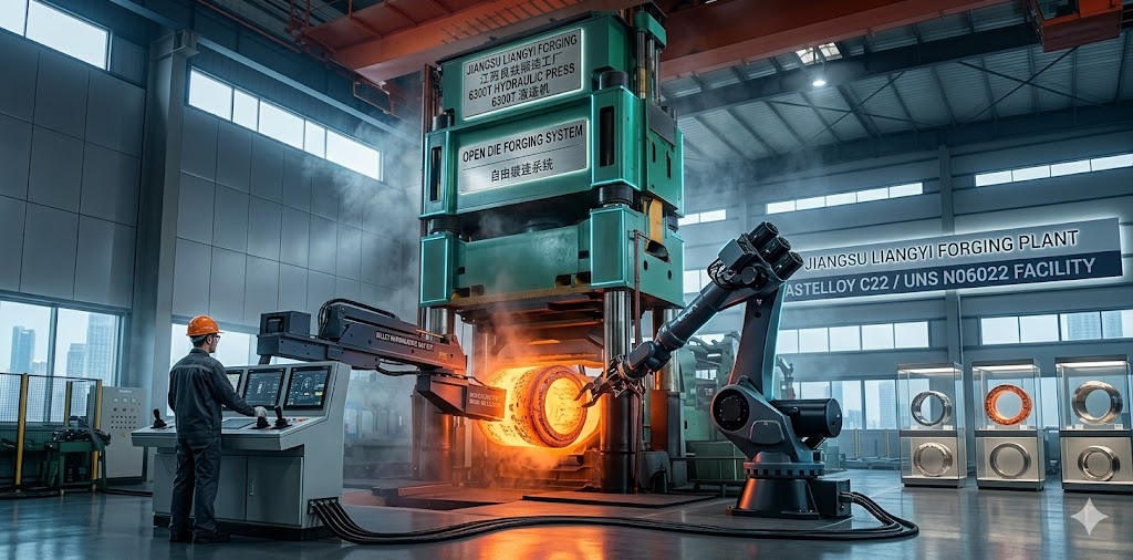 Hastelloy C22 open die forging process at Jiangsu Liangyi factory – 6300T hydraulic press forging UNS N06022 nickel alloy billets
