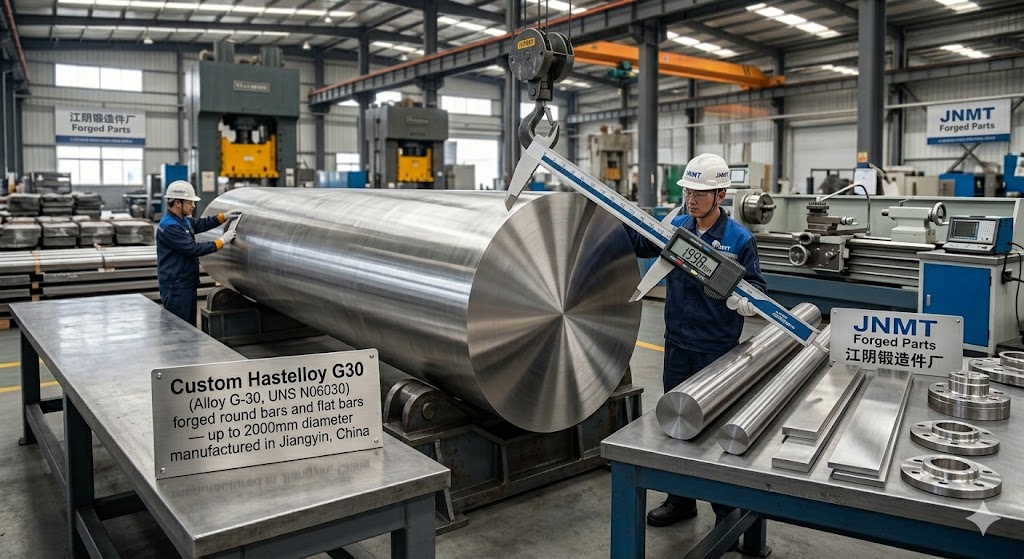 Custom Hastelloy G30 (Alloy G-30, UNS N06030) forged round bars and flat bars — up to 2000mm diameter manufactured in Jiangyin, China