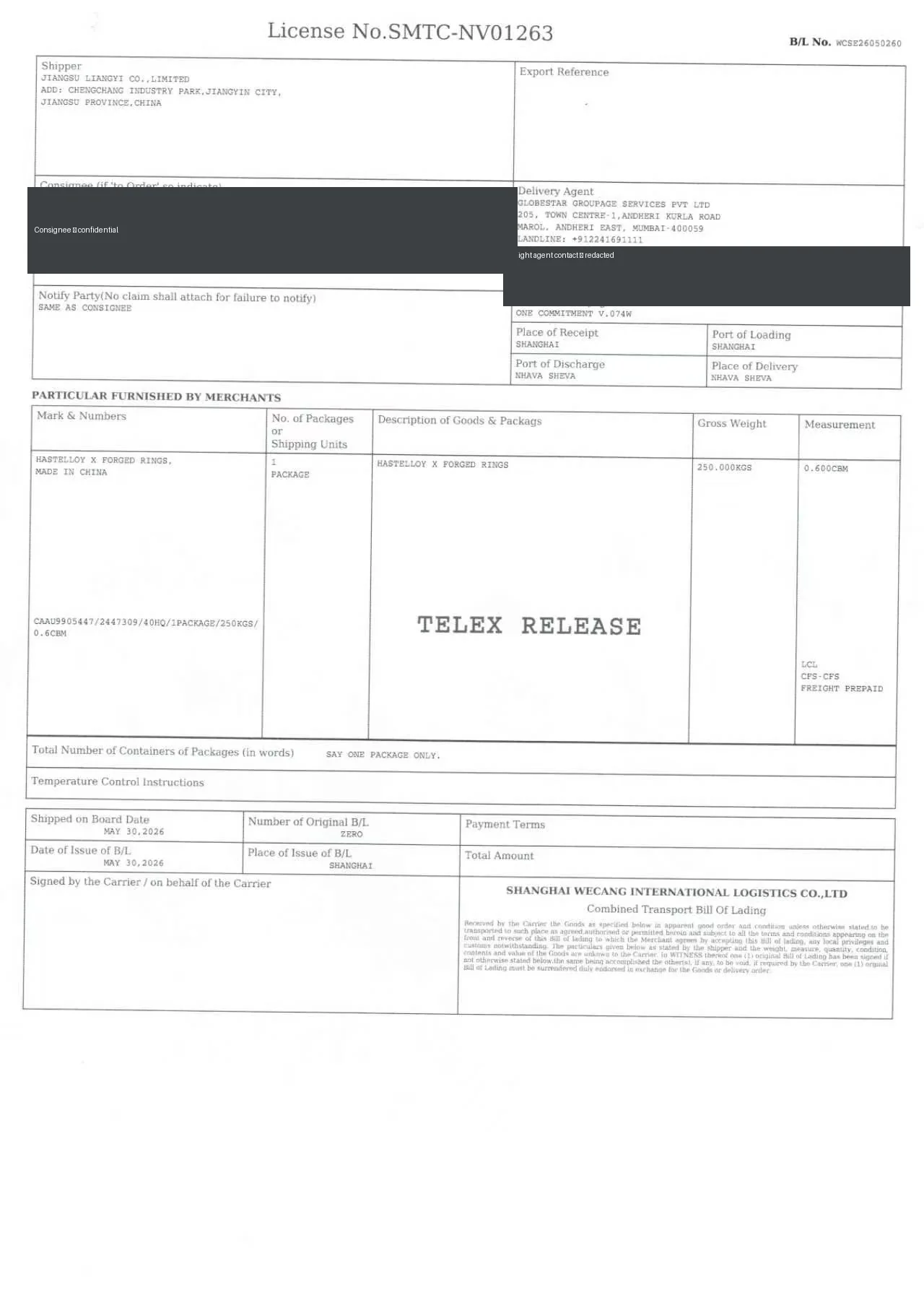Ocean bill of lading for Hastelloy X forged rings exported from China to India, consignee redacted, B/L WCSE26050260