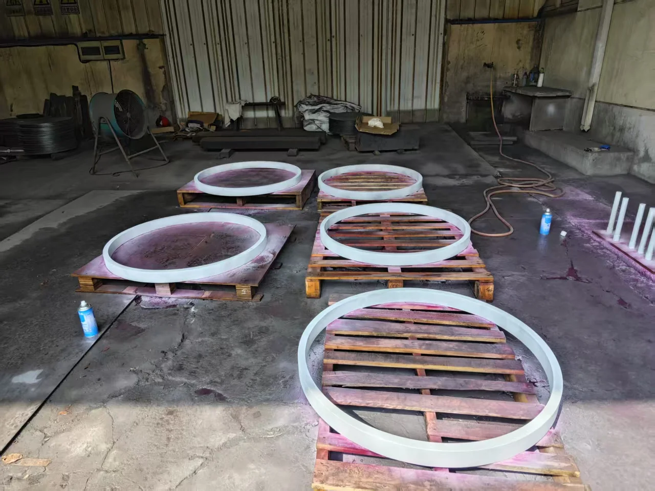 Finished Hastelloy X forged and rolled shroud rings and spacer rings on pallets before shipment