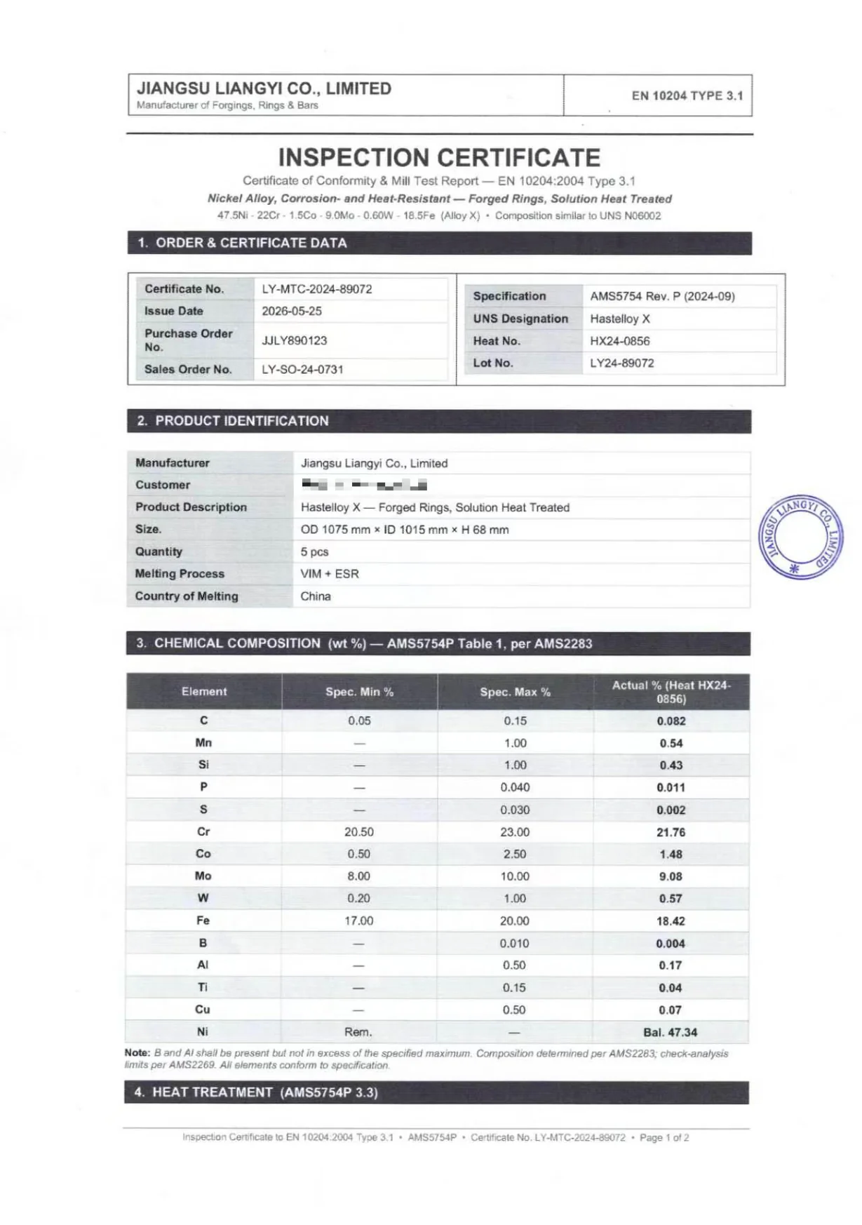 Hastelloy X EN 10204 3.1 inspection certificate to AMS 5754, certificate LY-MTC-2024-89072