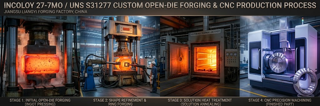 Alloy 27-7MO / UNS S31277 custom open die forging production, solution heat treatment, and CNC machining at Jiangsu Liangyi forging factory, China
