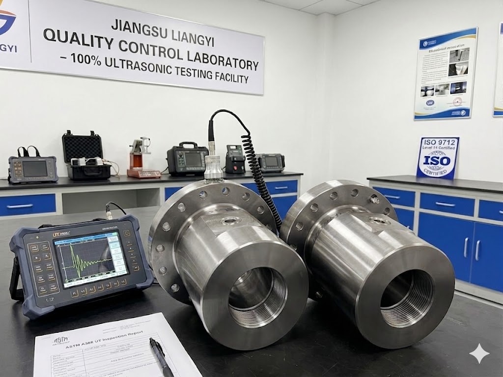 Inconel 625 Forging 100% Ultrasonic Testing per ASTM A388 — ISO 9712 Level II Certified NDT Technician Inspecting Alloy 625 UNS N06625 Forged Components at Jiangsu Liangyi Quality Control Laboratory