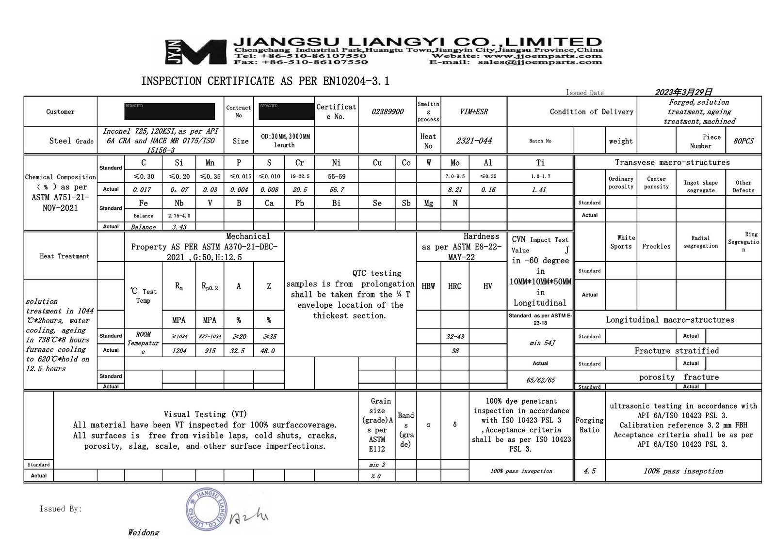 EN 10204 3.1 inspection certificate for Inconel 725 forged round bar, heat 2321-044, certificate No. 02389900