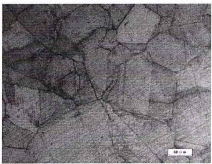 Inconel 725 microstructure at 100x magnification showing ASTM grain size grade 2.0, heat 2321-044