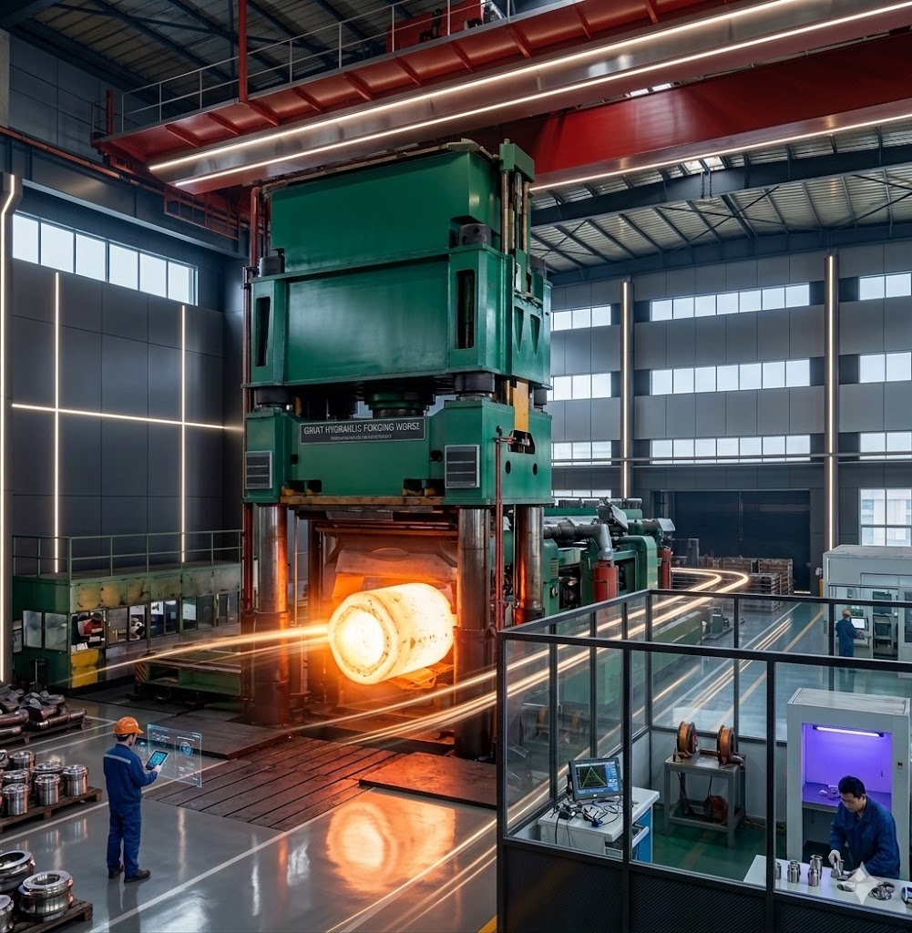 Jiangsu Liangyi forging factory floor — 6,300-ton hydraulic press and NDT inspection laboratory for Nimonic Alloy 901 components in Jiangyin, Jiangsu, China