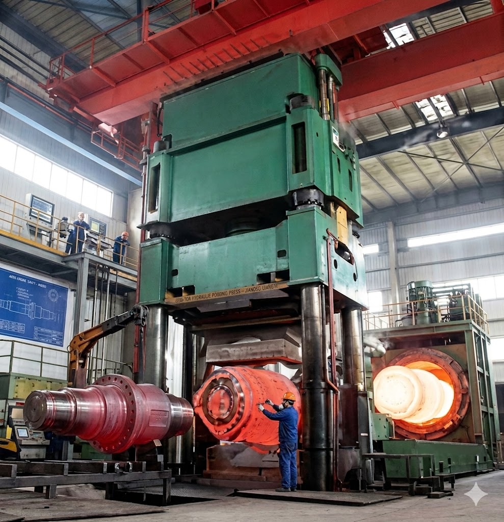 Jiangsu Liangyi 6300-ton hydraulic forging press producing Maraging 350 large-section forgings for aerospace and oil & gas applications