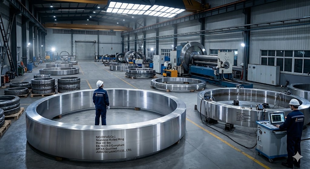 NiCr28FeSiCe seamless rolled forged rings up to 6m OD — Jiangsu Liangyi Co., Limited China manufacturer, EN 10228-3 compliant, API 6A qualified