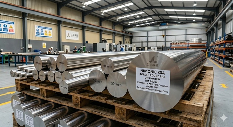 Nimonic 80A UNS N07080 forged round bar stock — diameter 20mm to 800mm, ASTM B637 AMS 5872 compliant, VIM ESR melt, produced by Jiangsu Liangyi Jiangyin China