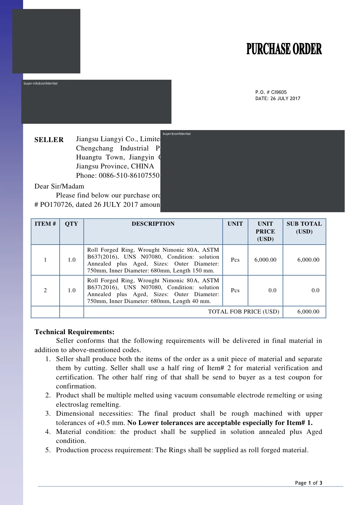 Redacted purchase order for Nimonic 80A roll-forged rings to ASTM B637, OD750 x ID680, buyer details confidential