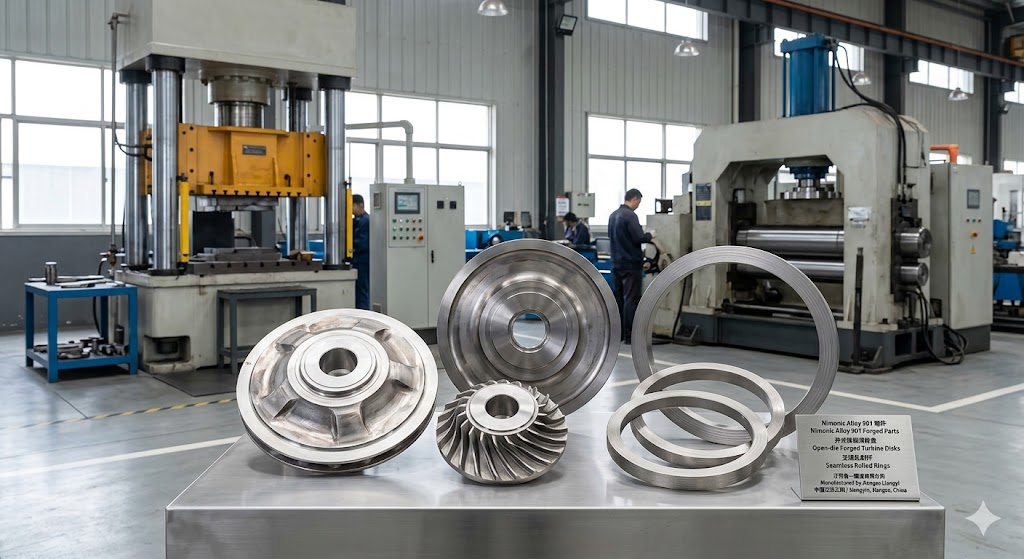 Nimonic Alloy 901 (Incoloy 901, UNS N09901) open-die forged turbine disks and seamless rolled rings manufactured by Jiangsu Liangyi in Jiangyin, Jiangsu, China