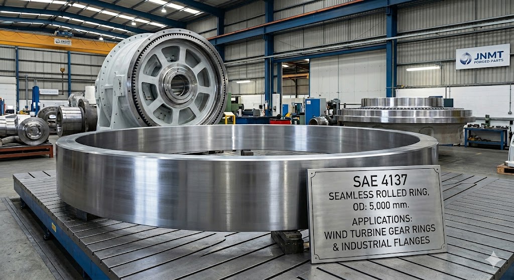 SAE 4137 seamless rolled rings up to 5,000 mm outer diameter, used for wind turbine gear rings and industrial flanges