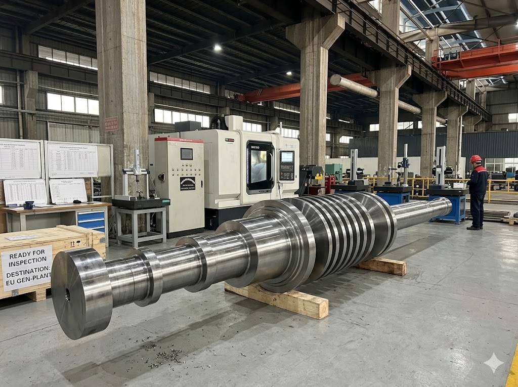 CNC-machined forged steam turbine rotor shaft before final NDT inspection and export packing