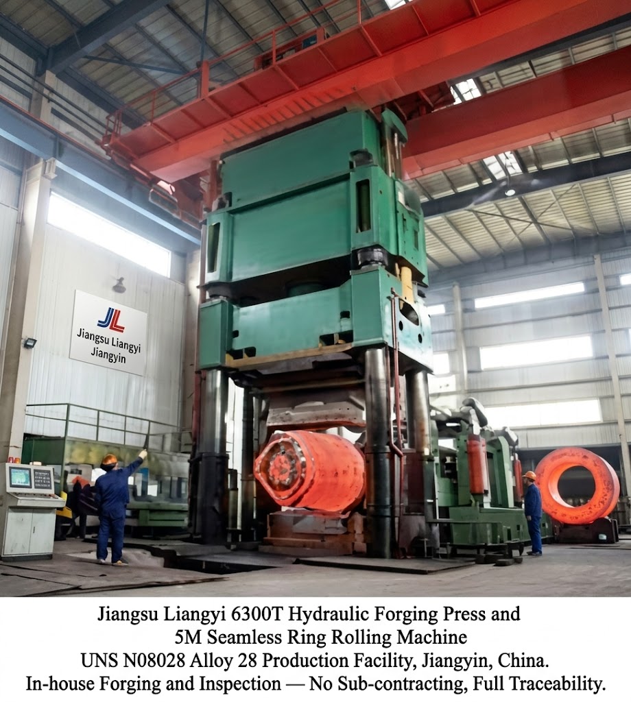 Jiangsu Liangyi 6300T hydraulic forging press and 5M seamless ring rolling machine — UNS N08028 Alloy 28 production facility, Jiangyin, China