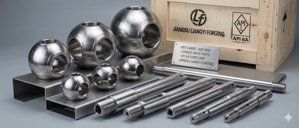 UNS S44002 AISI 440A forged valve balls and valve stems for API 6A oil and gas wellhead applications, China forging manufacturer Jiangsu Liangyi