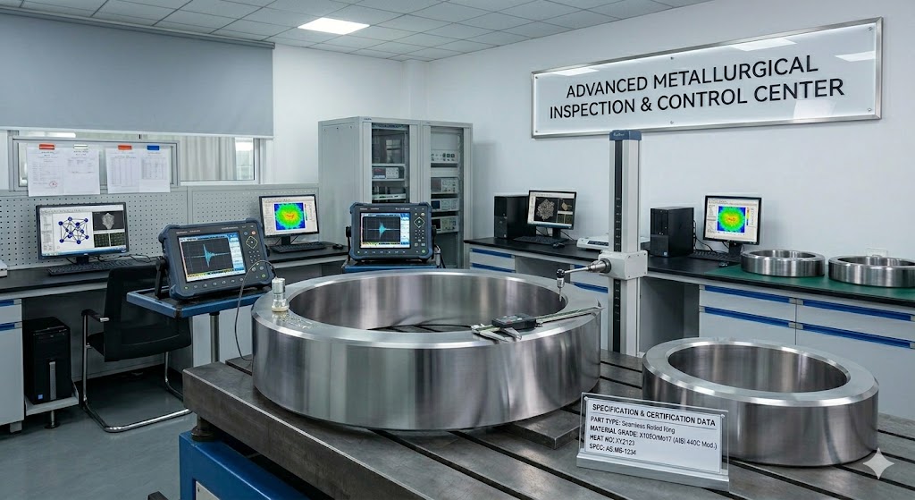 X105CrMo17 stainless steel seamless rolled rings undergoing ultrasonic testing and dimensional inspection at Jiangsu Liangyi forging quality control laboratory, Jiangyin China