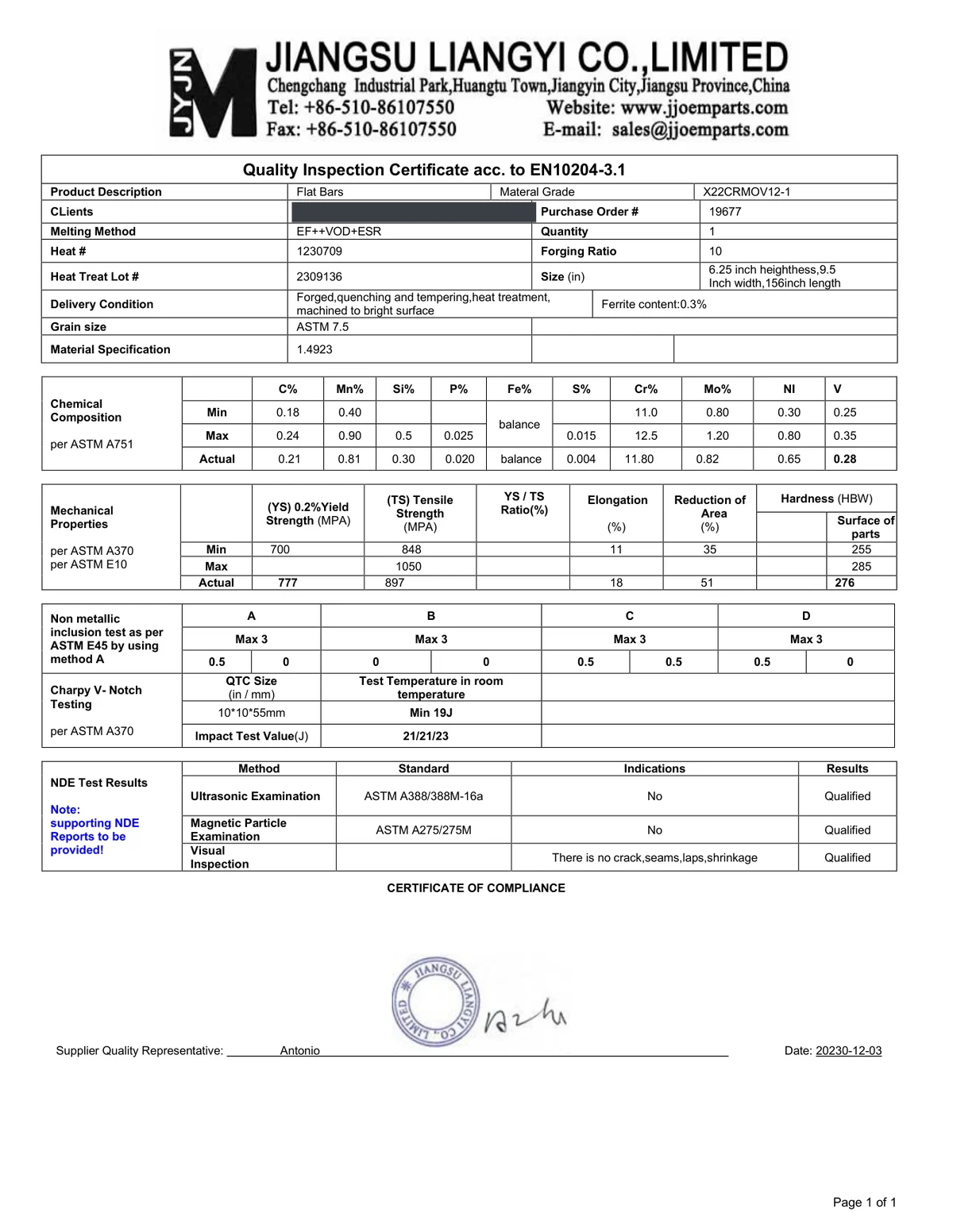 EN 10204 3.1 inspection certificate for X22CrMoV12-1 / 1.4923 forged flat bars, customer name redacted
