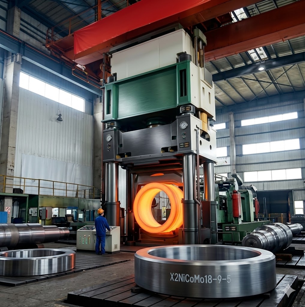 Jiangsu Liangyi 6300T Hydraulic Forging Press Producing X2NiCoMo18-9-5 Seamless Rolled Rings and Open Die Forgings