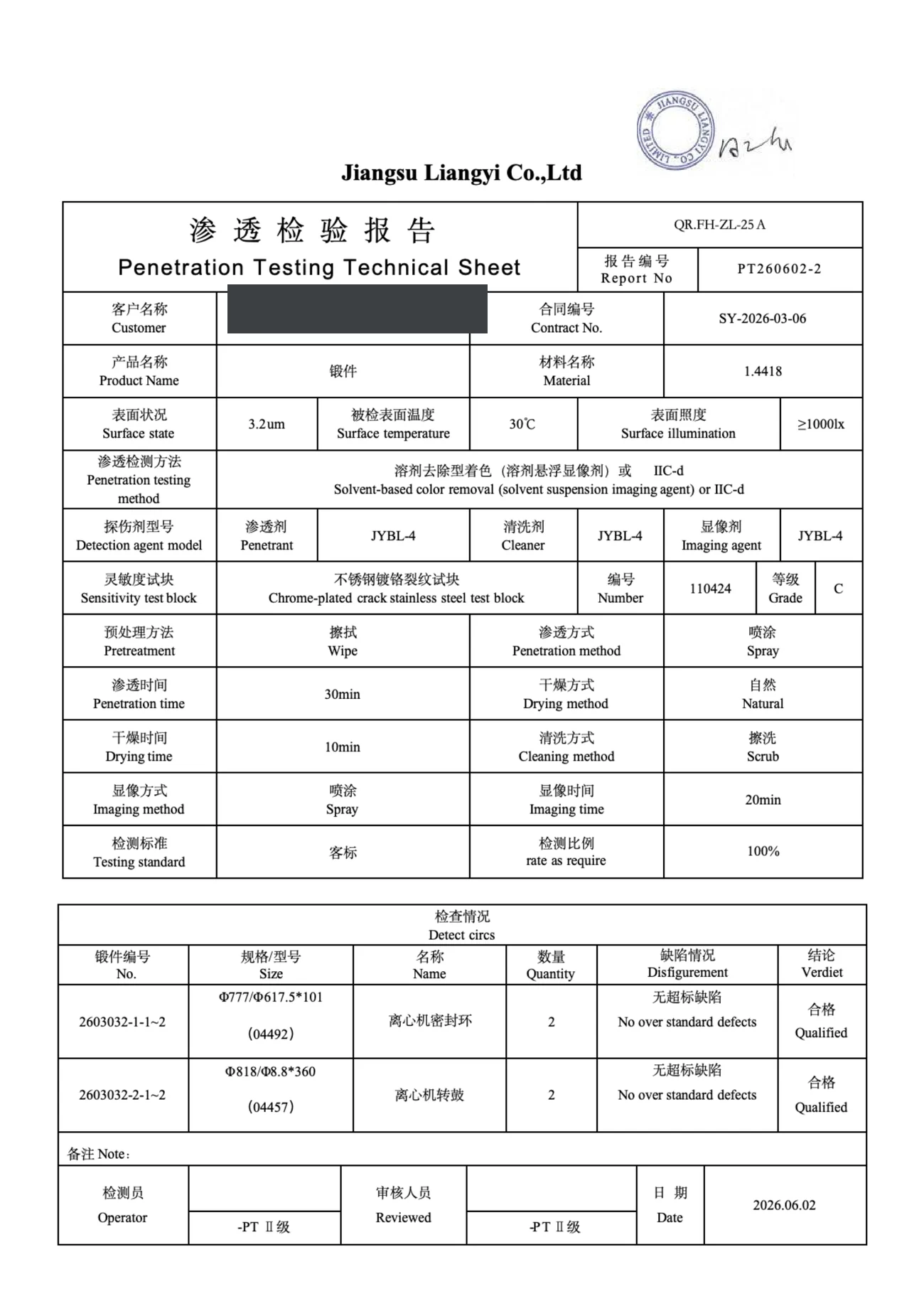 Penetrant testing report for 1.4418 forged centrifuge parts, no defects